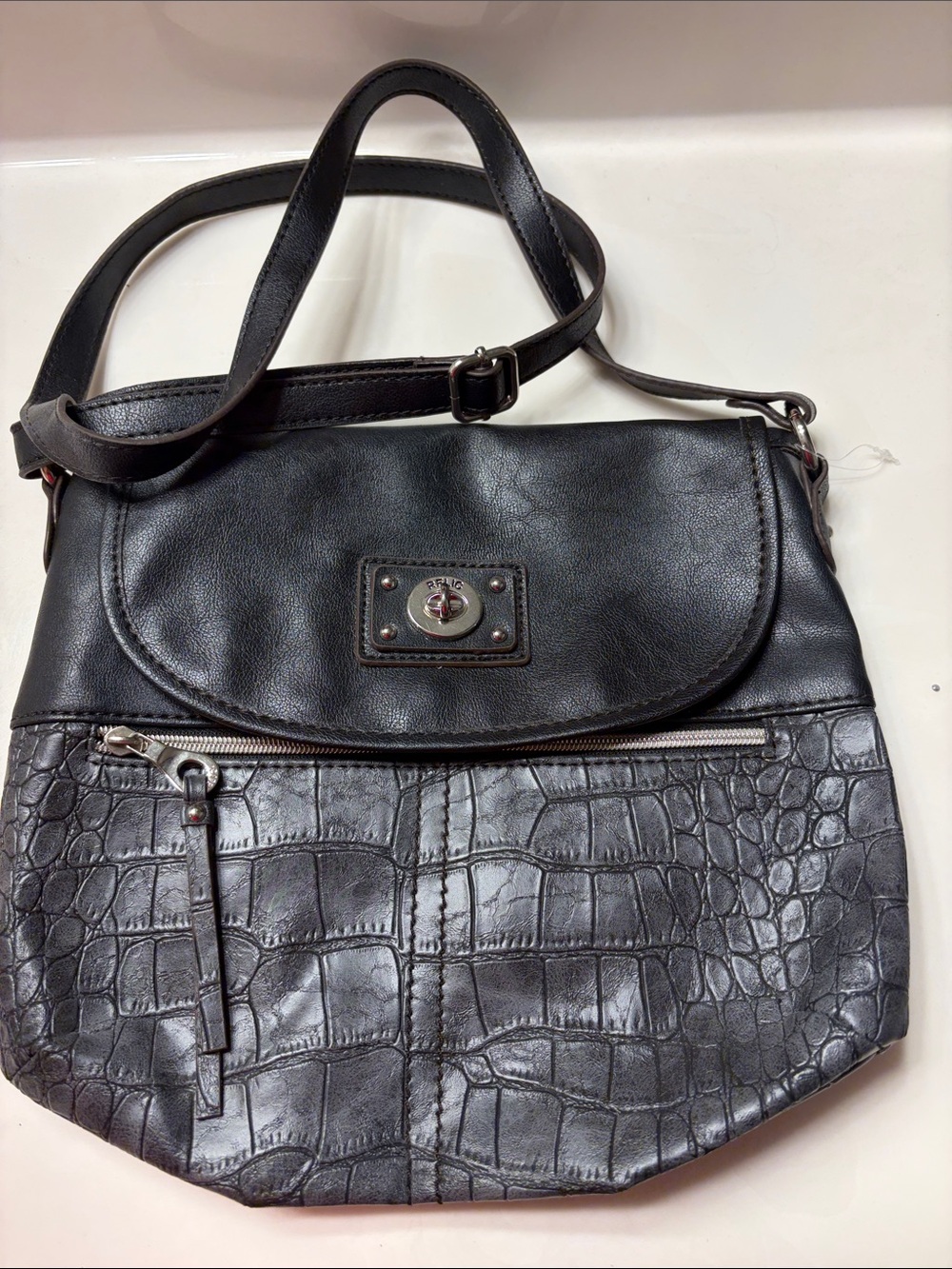 Relic Black Croc-Embossed Shoulder Bag with Turn-Lock